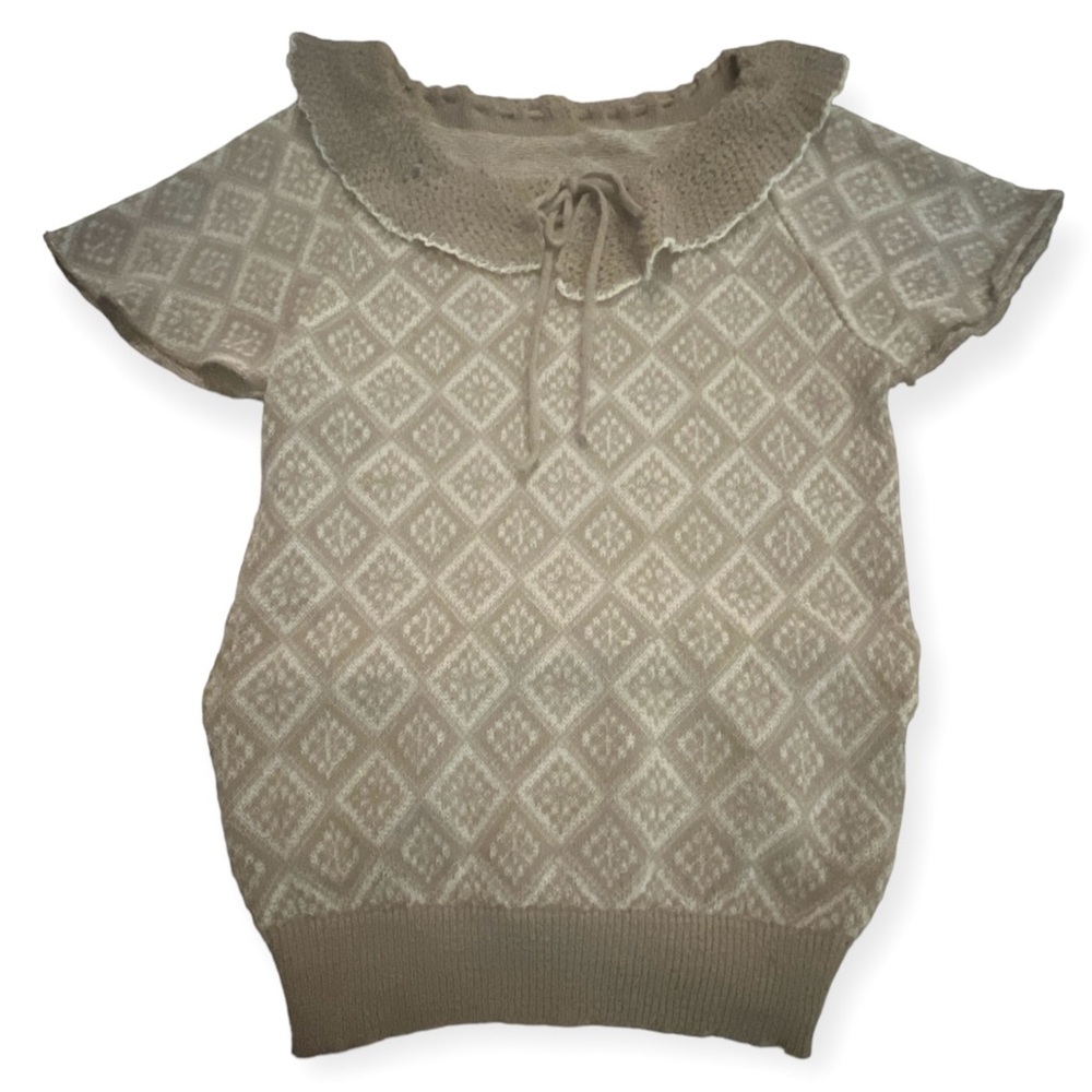 Italian Vintage Blousy Knit‎ Short Sleeved Top, Brown/Cream, Lightweight, Medium